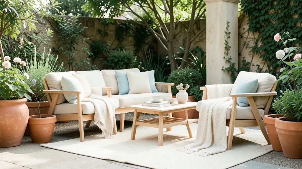 Editorial garden scene with terracotta pots, light wood furniture and cream textiles, natural daylight, no text or logo