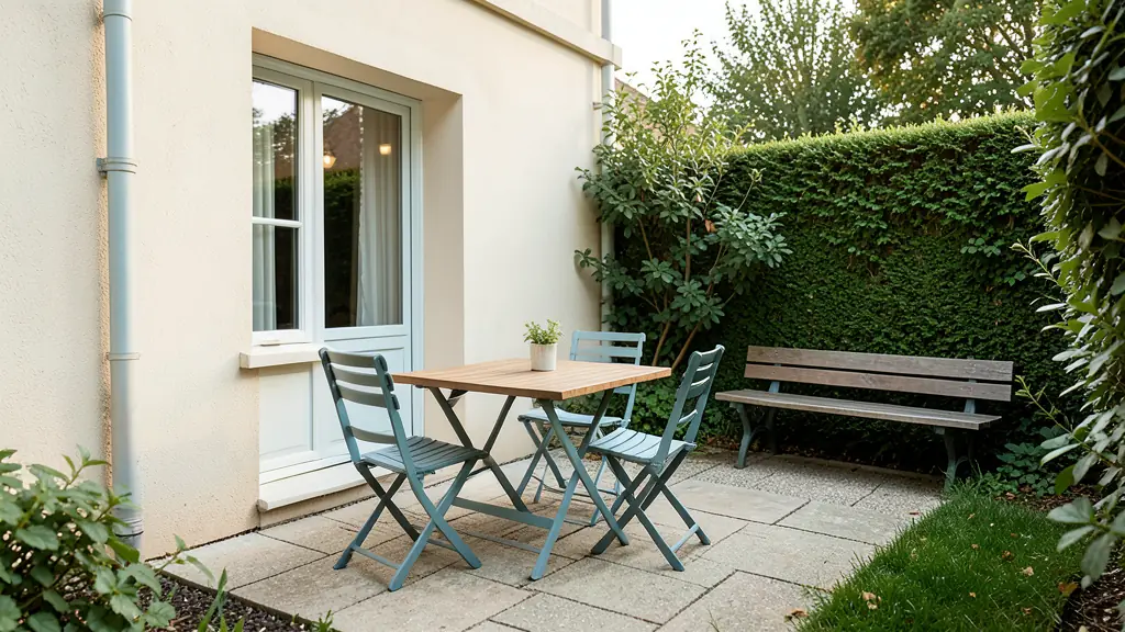 Small garden dining area near the house with a folding table, stacked chairs and a quiet bench facing greenery, editorial photography, no text or logo