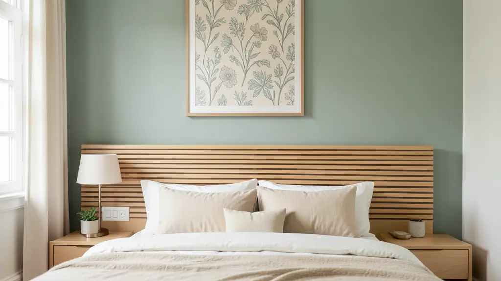Editorial adult bedroom with a sage painted half-wall, a framed wallpaper panel and a light wood slatted headboard, no text or logo