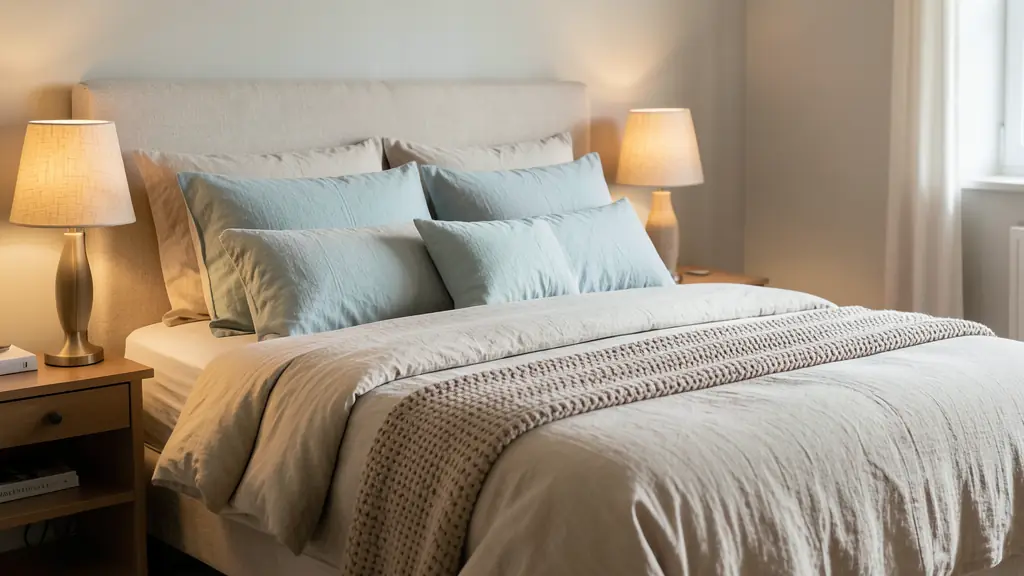 Warm editorial bedroom with layered linen bedding, a textured throw, bedside lamps casting soft warm light, no text or logo