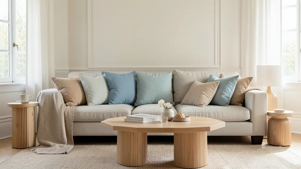 Editorial living room with a three-color palette, linen cushions and repeated light wood accessories, natural daylight, no text or logo