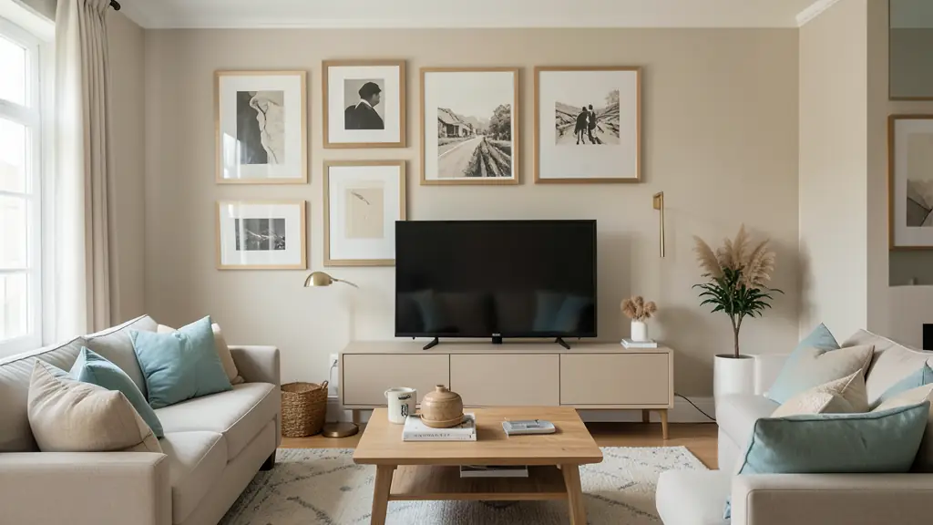 Editorial living room with a floor-planned gallery wall, coordinated cushions and a television on a low cabinet, no text or logo