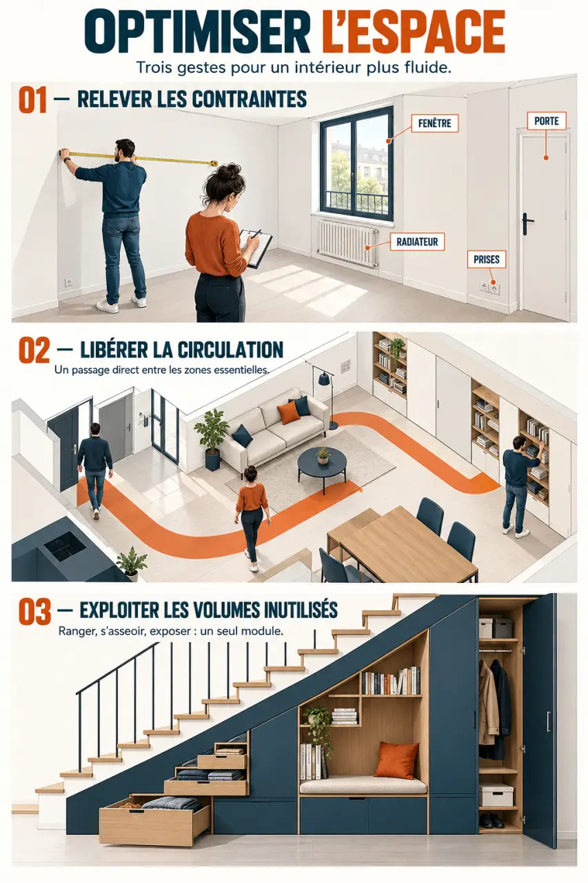Comment optimiser l’aménagement de son espace de vie intérieur en trois étapes : mesurer, fluidifier la circulation et exploiter les rangements