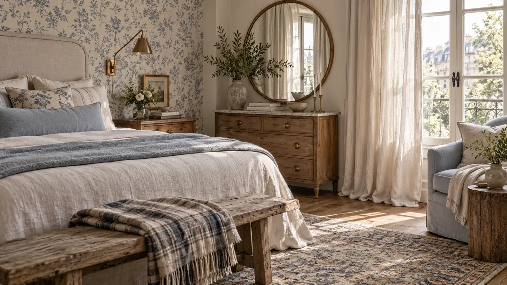 Bright bedroom corner with patterned wallpaper behind the bed, soft linen curtains, a round mirror reflecting window light, and a folded plaid on a textured rug, editorial interior photography, no text, no logo