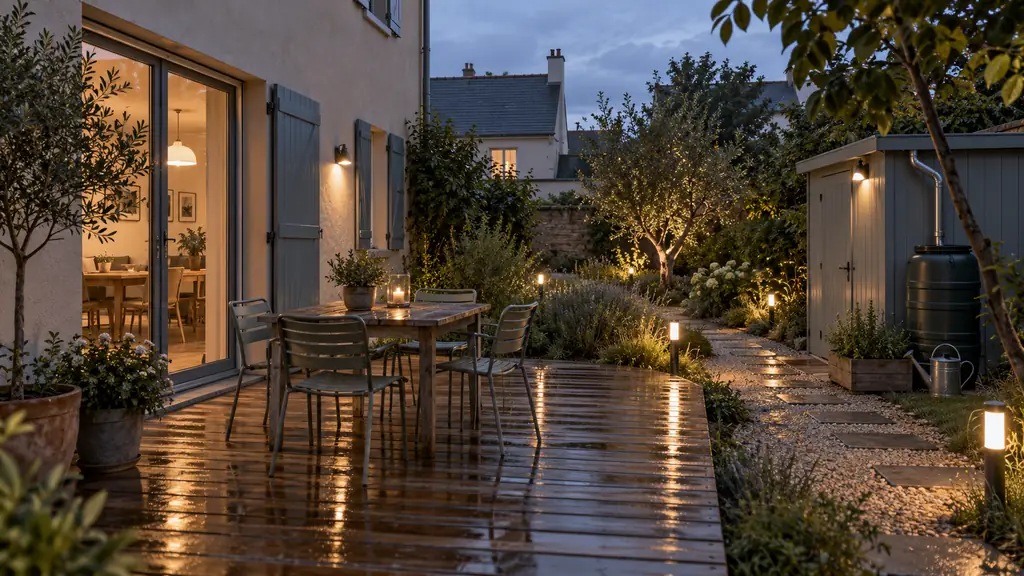 Editorial garden photography showing a small dining set on wooden deck boards, pathway lights at dusk, and a rainwater collector beside a compact garden shed, no text, no logo