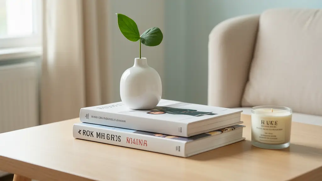 A stylish coffee table scene with a stack of three oversized design books, a small white ceramic vase with a single green leaf on top, and a scented candle nearby, editorial photography, soft natural light