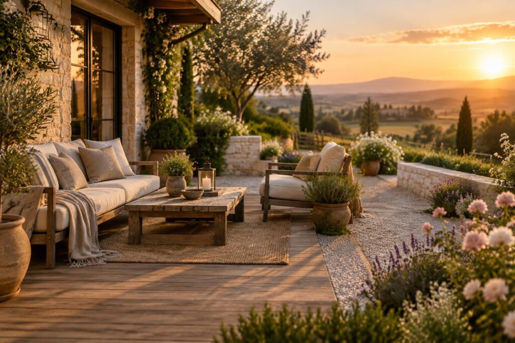 Terrasse esprit maison de campagne : matériaux, mobilier et végétation pour un charme sans excès